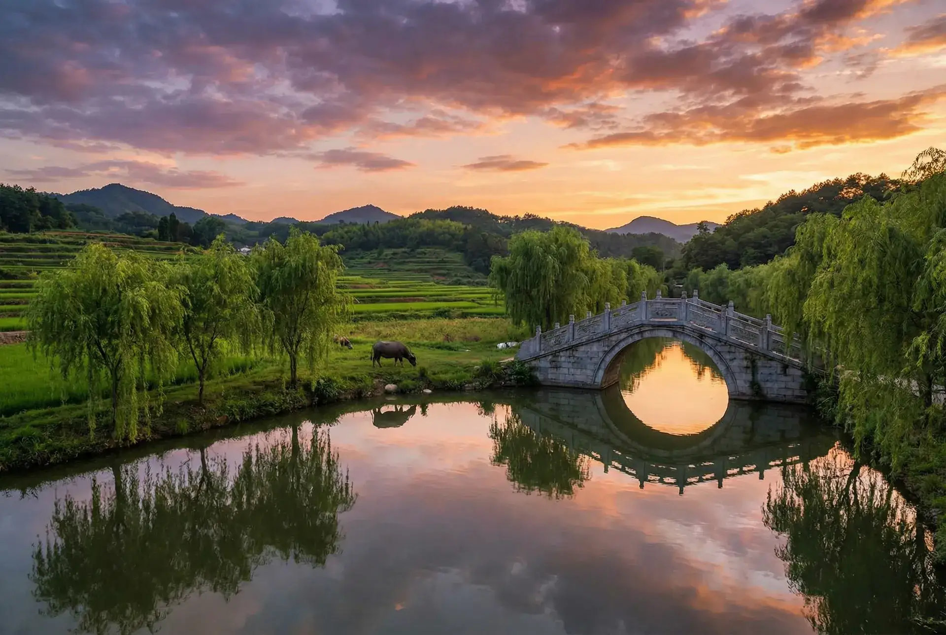 夕阳下的石拱桥与垂柳，水牛在河边吃草 - 空即是色2015迅雷下载 乡村美景
